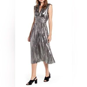 Rebecca Minkoff Briella  Dress Size 4 Silver V Neck Tiny Pleats Midi Babydoll